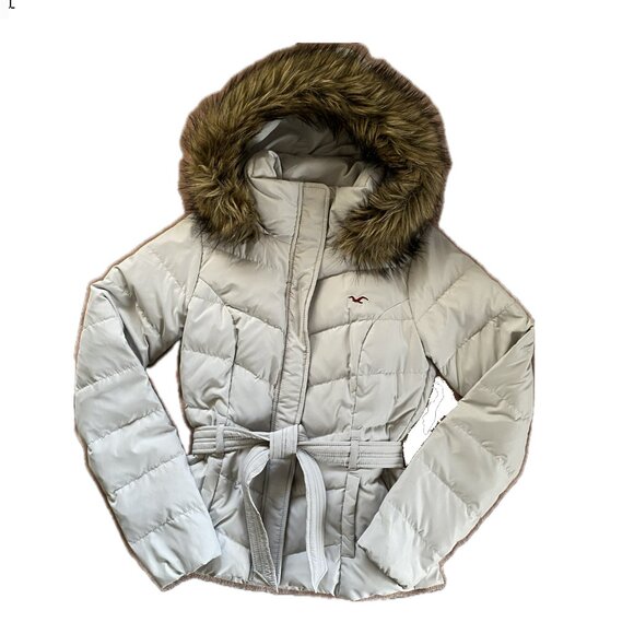 Hollister Quilted Jacket - Belted - Hooded - Size Small - Light Gray - Picture 5 of 11